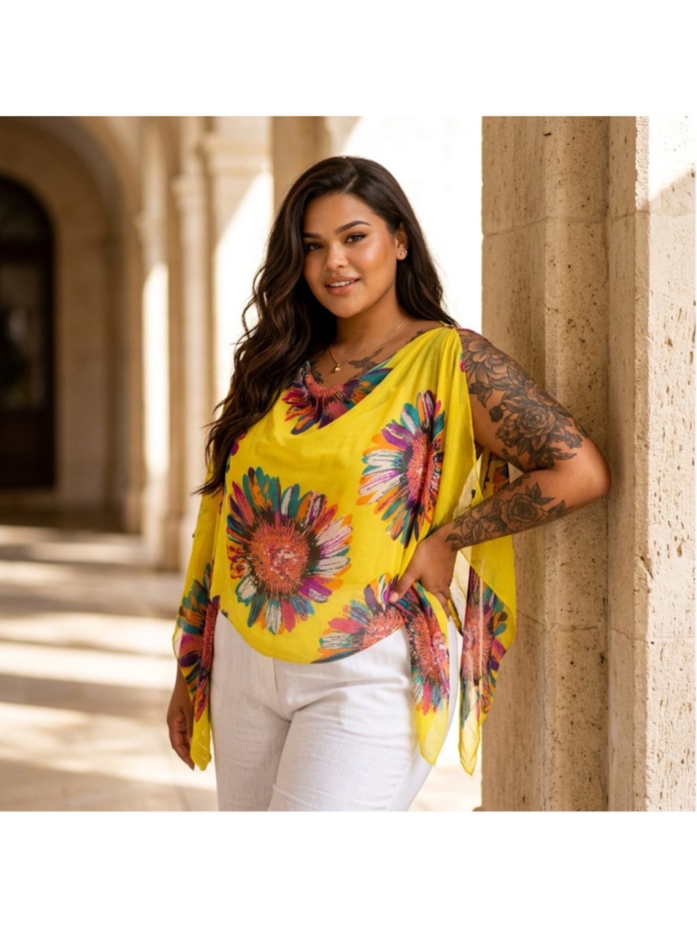 Beautiful Floral button Sleeve One Size Yellow Multicolor Blouse Poncho Scarf